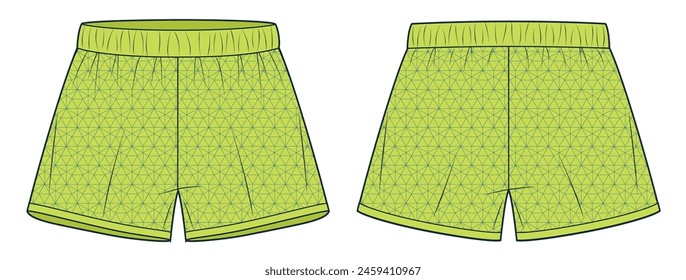 Short Pants technical fashion illustration, seamless pattern. Sport Shorts fashion flat technical drawing template, front and back view, lime yellow, women, men, unisex Sportswear CAD mockup.