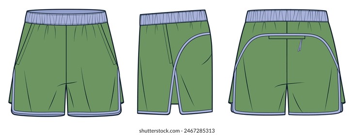 Short Pants technical fashion illustration. Sport Shorts fashion flat technical drawing template, elastic waist, pockets, front, side and back view, green, women, men, unisex Sportswear CAD mockup set