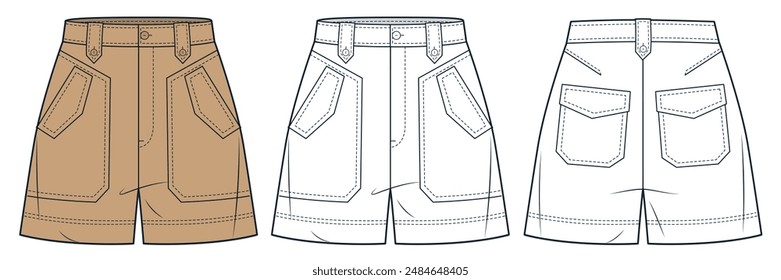 Short Pants technical fashion illustration. High waisted Shorts fashion flat technical drawing template, pockets, front and back view, white, camel brown, women, men, unisex CAD mockup set.