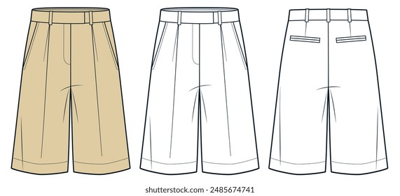 Pantalones cortos ilustración de moda técnica. Plantilla de dibujo técnico plano de moda de pantalones clásicos, cintura alta, vista frontal y posterior, blanco, beige, mujeres, hombres, conjunto de maquetas CAD unisex.