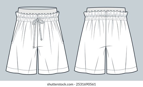 Pantalones cortos ilustración de moda técnica. Versiones cortas deportivas Plantilla de dibujo técnico plano, cintura elástica, cordón, bolsillos, vista frontal y posterior, blanco, mujeres, hombres, maqueta CAD unisex.