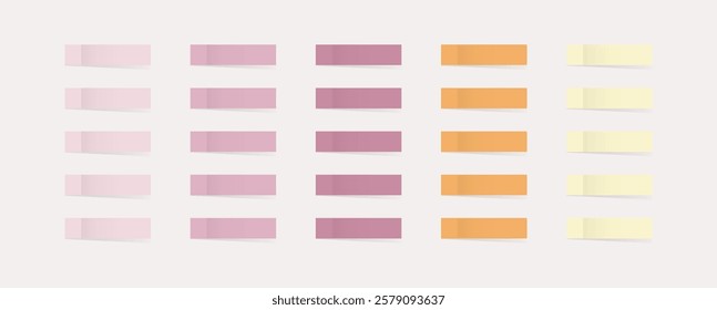 Short paper adhesive tape with shadows. Sticky office paper tape. Colored bookmarks, post note sticker. Isolated realistic vector illustration for visually structure information