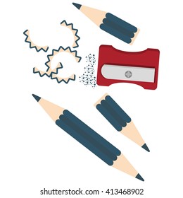 Short pencils and pencil sharpener. Conceptual image of a tool illustrator and artist.Cartoon flat vector illustration. Objects isolated on a background. 