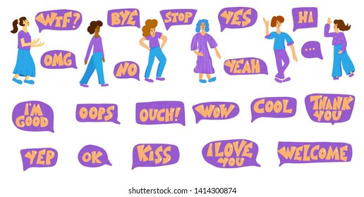 Short phrases set with speech bubble. Collection of quotes and woman characters. Vector illustration.