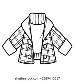 Short plaid pea coat worn over a warm sweater outline for coloring on white background