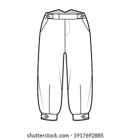 Short plus fours pants technical fashion illustration with tab, knee length, normal waist, rise, slashed pocket. Flat breeches bottom template front, white color style. Women, men CAD mockup