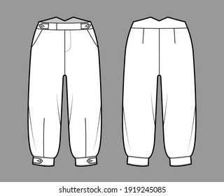 Short plus fours pants technical fashion illustration with tab, knee length, normal waist, rise, slashed pocket. Flat breeches bottom template front, back, white color style. Women, men CAD mockup