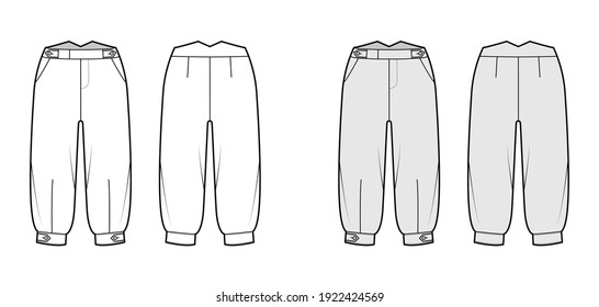 Short plus fours pants technical fashion illustration with tab, knee length, normal waist, rise, slashed pocket. Flat breeches bottom template front, back, white grey color style. Women men CAD mockup