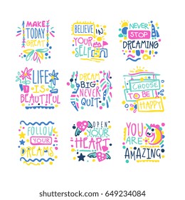 Short possitive messages, inspirational quotes colorful hand drawn vector Illustrations