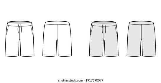 Short preppy pants technical fashion illustration with mid-thigh Classic Bermuda length, low waist, rise, slant pocket. Flat bottom template front, back, white grey color style. Women, men CAD mockup