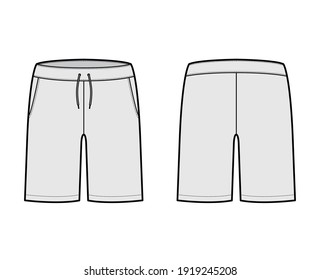 Short preppy pants technical fashion illustration with mid-thigh Classic Bermuda length, low waist, rise, slant pocket. Flat bottom template front, back, grey color style. Women, men CAD mockup