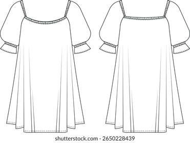 short puff sleeves square neck elastic loose slouchy short mini tent sport dress template technical drawing flat sketch cad mockup fashion woman design style model 
