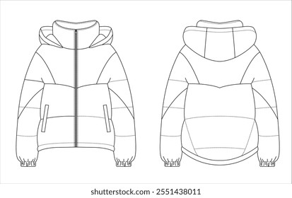 Chaqueta corta con cuello alto, capucha, cremallera frontal, bolsillos laterales y puños elásticos representados como un boceto técnico en un diseño minimalista