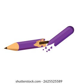 Short purple colored pencil snapping in half, revealing the graphite core, isolated on white background