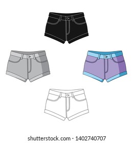 Short purple women's shorts with a blue rubber band. Shorts for sports in the summer on the street.Women clothing single icon in cartoon,black style vector symbol stock illustration.