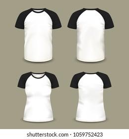 Short raglan sleeve realistic volumetric t-shirts for men and women. Back and front of cotton clothing for sport. Mockup of apparel with u-neck. Blank or empty clothing. Textile and fashion theme