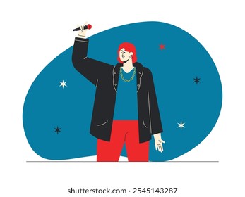 Mujer de pelo rojo corto con chaqueta negra, camisa azul y pantalones rojos, el anillo que lleva es bastante llamativo, impresión energética y elegante, Ilustración vectorial rock n' roll.