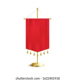 Short red pennant flag with realistic silk texture and golden thread hanging decorations. Blank medieval banner on gold metal pole stick - isolated vector illustration