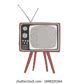 Short retro tv isolated on white background. Vintage tv with antenna gray and brown color hand drawn in style doodle vector illustration.