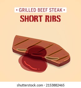 Short ribs, grilled beef steak with sauce vector illustration isolated
