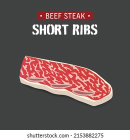 Short ribs, LA Galbi Steak, raw marble beef steak vector illustration isolated on black background