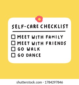 Short self-care checklist. Illustration on yellow background.