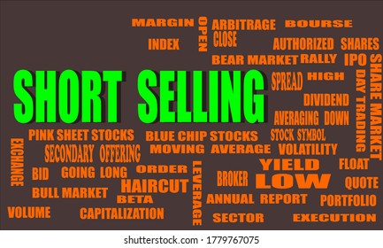 Short selling a Share market related text cloud presented on colorful vector abstract for magazine prints.