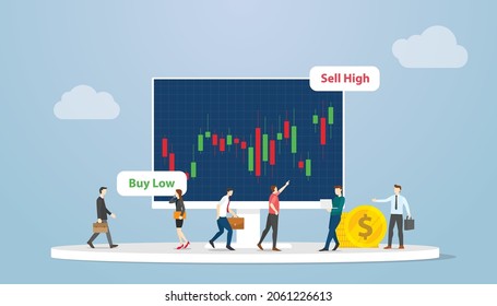 short selling stock market strategy concept with people analysis data on chart with modern flat style