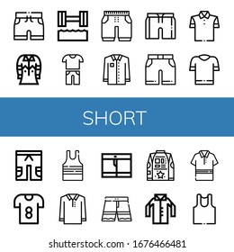 pequeños iconos simples conjunto. Contiene iconos tales como Shorts, Pantalones, hidroterapia, Casual, Short, Polo pantalones, T pantalones, Sleeveless Undershirt, puede ser usado para web, móvil y logotipo