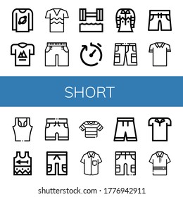 short simple icons set. Contains such icons as T shirt, Shirt, Shorts, Hydrotherapy, Delivery time, Swimming trunks, Polo shirt, Sleeveless can be used for web, mobile and logo