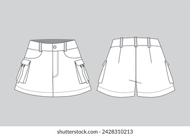 short skirt cargo, short skirt cargo illustration, short skirt vector, fashion technical drawing