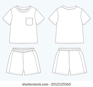 Boceto de bebé de manga corta de Versiones cortas de camiseta para niños Tops Plantilla de Ilustración vectorial de vista frontal y posterior de boceto plano de moda técnica para niños