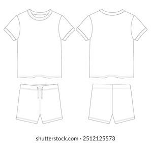 Boceto de bebé de manga corta de Versiones cortas de camiseta para niños Tops Plantilla de Ilustración vectorial de vista frontal y posterior de boceto plano de moda técnica para niños