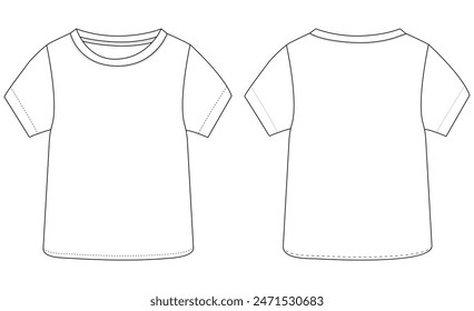 Short Sleeve baby T shirt Tops Technical fashion flat sketch front and back view Vector illustration template For kids