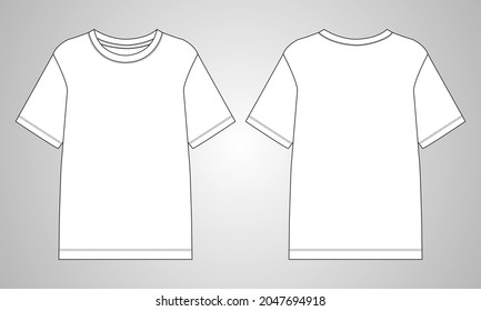 Short sleeve Basic T shirt overall technical fashion flat sketch vector illustration template front and back views. Apparel clothing mock up for men's and boys.