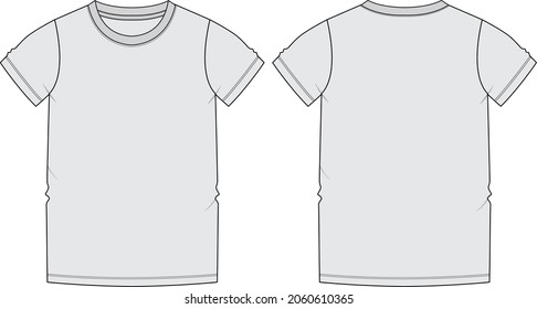 Camiseta de manga corta Camiseta básica Moda técnica dibujo plano ilustración vectorial plantilla de la parte delantera y trasera aislados en fondo blanco.