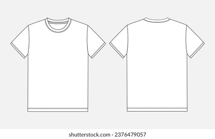 Camisa de manga corta Camiseta básica general moda técnica dibujo plano ilustración vectorial plantilla de vista frontal y trasera. La ropa de vestir se burla de hombres y niños.
