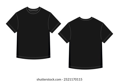 Short sleeve Basic T shirt overall technical fashion flat sketch vector illustration template front and back views. Apparel clothing black color mock up for men's and boys.
