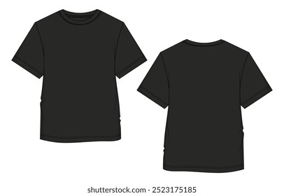 Short sleeve Basic T shirt overall technical fashion flat sketch vector illustration template front and back views. Apparel clothing black color mock up for men's and boys.
