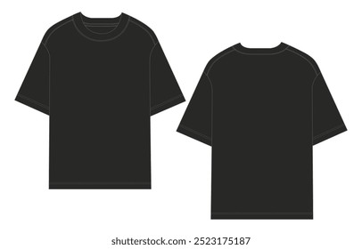 Short sleeve Basic T shirt overall technical fashion flat sketch vector illustration template front and back views. Apparel clothing black color mock up for men's and boys.
