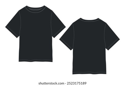 Short sleeve Basic T shirt overall technical fashion flat sketch vector illustration template front and back views. Apparel clothing black color mock up for men's and boys.
