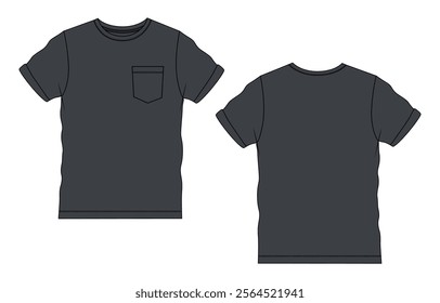 Short sleeve Basic T shirt overall technical fashion flat sketch vector illustration template front and back views. Apparel clothing black color mock up for men's and boys.
