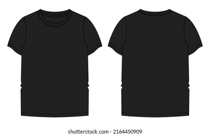 Short sleeve Basic T-shirt overall technical fashion flat sketch vector Illustration template front and back views. Basic apparel Design black color Mock up for Kids and boys.
