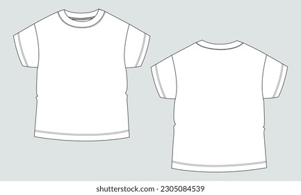 Short sleeve Basic T-shirt technical fashion flat sketch vector Illustration template front and back views. Basic apparel Design Mock up for Kids and boys.
