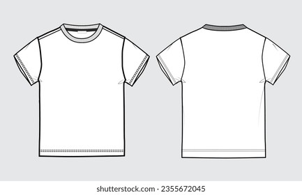 Short sleeve Basic T-shirt technical fashion flat sketch vector Illustration template front and back views. Basic apparel Design Mock up for Kids and boys.
