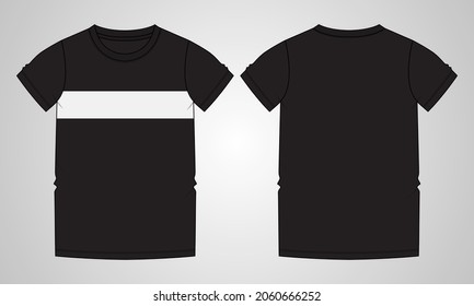 Short sleeve Black color Basic t shirt  with chest white stripe Technical fashion flat sketch vector illustration template front and ack views isolated on grey Background.