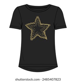 Short sleeve black color t shirt tops with golden star chest print design vector illustration isolated on white background