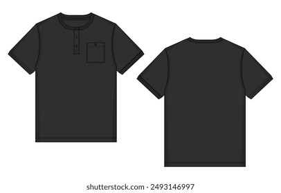 Short Sleeve Black Color T shirt with pocket vector illustration template for men's and boys. Black t shirt front and back isolated on white background