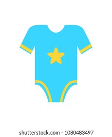 Short sleeve blue romper jumpsuit with yellow star vector illustration of first cloth for newborn toddler infant boy isolated on white background