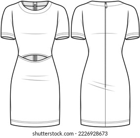 Short Sleeve Bodycon Dress with Waist Cutout Dress, Cutout Dress Front and Back View. Fashion Illustration, Vector, CAD, Technical Drawing, Flat Drawing, Template, Mockup.	